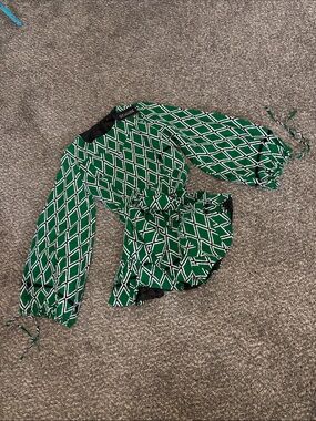 Ofuure romper NEW Green triangle check print African L bell sleeves boho chic